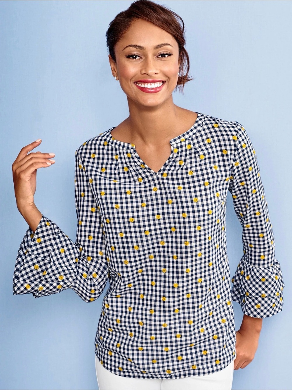 Talbots Blue GinghamTop with Yellow Flower embroidery pops